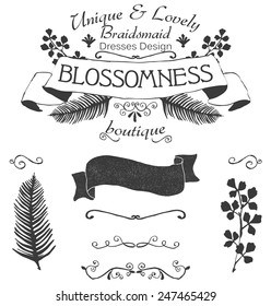 Vector floral logo label with texture and separate floral branches and leaves.All elements are on separate layers for easy editing.