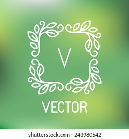 Vector floral logo in line style -  outline monogram design element - label with copy space 