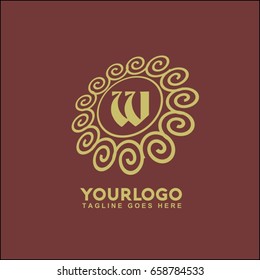 Vector floral logo for shops or studio, wedding florists, creator of custom floral arrangements. Circle with flowers and leaves. Letter W