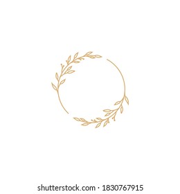 Vector floral logo template in elegant and minimal style with gold color on grey background illustration. Circle frames logos. For badges, labels, logotypes and branding business identity.