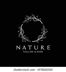 Vector Floral Logo Template in Elegant and Minimalist Style on Black Background Illustration, Circle Frames Logos For Badges, Labels, Logotypes and Branding Business Identity