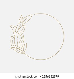 Vector floral logo template in elegant and minimal style with gold color on grey background illustration. Circle frames logos. For badges, labels, logotypes and branding business identity.