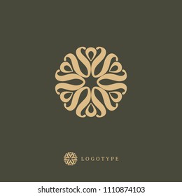 Vector floral luxury curve logo design. Round gold ornate frame. Vintage premium design vector element. Emblem luxury beauty spa, cosmetics, jewelry, hotel, restaurant. Wedding elegant outline frame.