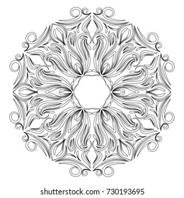 Vector floral mandala in black and white. Round pattern for coloring