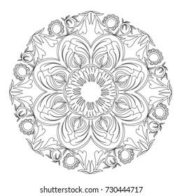 Vector floral mandala in black and white. Round pattern for coloring