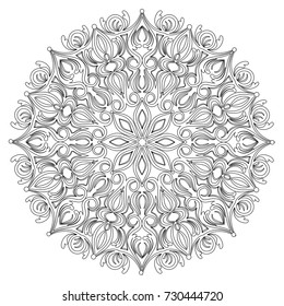 Vector floral mandala in black and white. Round pattern for coloring