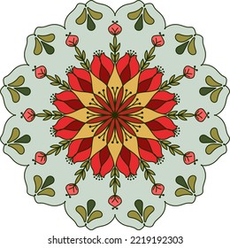 Vector floral mandala colored round pattern in ethnic tribal style. Nature elements, flowers, petals. Decorative beautiful ornamental lace. Geometrical ornate arabesque design.  