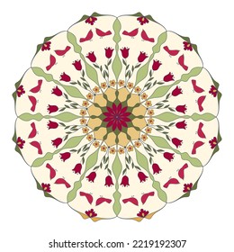 Patrón circular de color de mandala floral vectorial al estilo étnico tribal. Elementos naturales, flores, pétalos. Bonito encaje ornamental decorativo. Diseño arabesco geométrico ornamentado.  