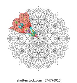Vector floral mandala. Coloring book page for adults and children. Drawing for relax and meditation. Isolated on white.