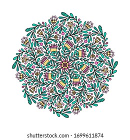 Vector floral mandala. Hand drawn doodle decor. Abstract color illustration with flowers, leaves and berries. Green, pink, yellow colors.