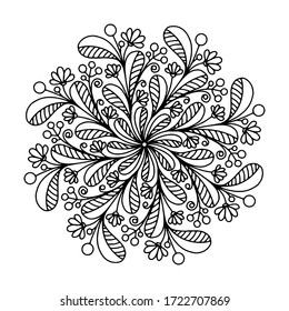 Vector floral mandala. Hand drawn doodle illustration with flowers, leaves and berries. Abstract art for coloring book. Outline. Isolated on white background.
