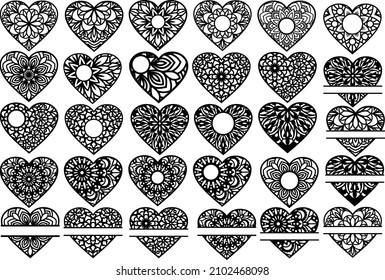 Vector Floral Mandala Heart Templates for Paper, Laser, Vinyl Cut	