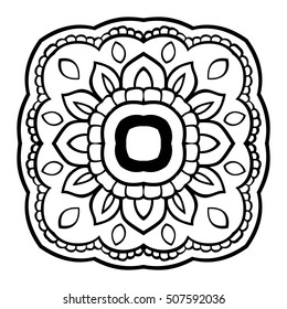 Vector floral mandala on a white background. Oriental simple ornament. Element for design. Sketch for tattoo. Template for carpet, textile, shawl, coloring book. 