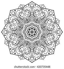 Vector floral mandala. Oriental stylized design element. Black and white ornament.