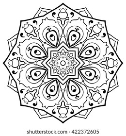 Vector floral mandala. Oriental stylized design element. Black and white ornament.