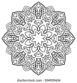 Vector floral mandala. Oriental stylized design element. Symbolic black and white ornament.