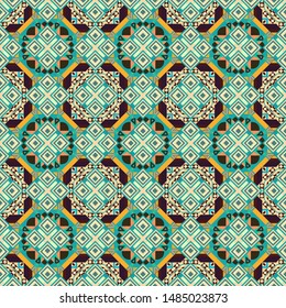 Vector floral mandala seamless pattern in beige, brown and blue colors.