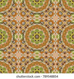 Vector floral mandala seamless pattern in brown, yellow and green colors.