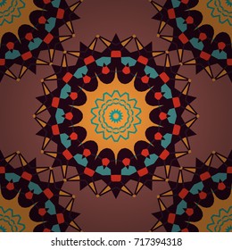 Vector floral mandala. Wrapping and scrapbook paper. Print for fabric or textile. Brown, orange and pink abstract seamless pattern, Indian ornament.