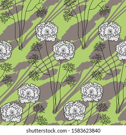 Vector floral meadow pattern in green and white. Simple delicate peony flower with shadow hand drawn made into repeat. Great for background, wallpaper, wrapping paper, packaging, fashion.
