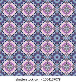Vector floral medallions seamless pattern in purple, blue and pink colors.