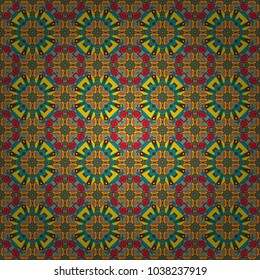 Vector floral medallions seamless pattern in blue, yellow and orange colors.