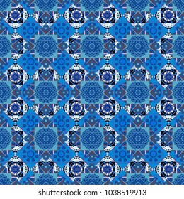 Vector floral medallions seamless pattern in gray, black and blue colors.