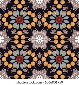 Vector floral medallions seamless pattern in pink, gray and black colors.