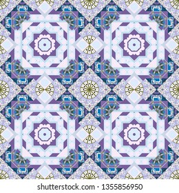 Vector floral medallions seamless pattern in violet, pink and blue colors.