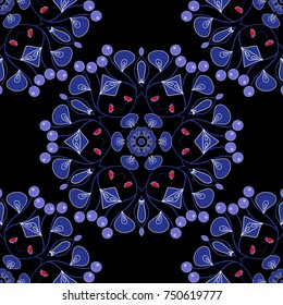 Vector floral medallions seamless pattern in blue, black and violet colors.
