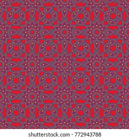 Vector floral medallions seamless pattern in blue, red and purple colors.