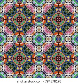 Vector floral medallions seamless pattern in blue, black and beige colors.