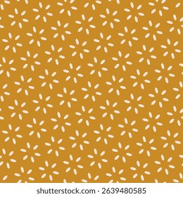 Vector floral minimal seamless pattern. Abstract geometric ornament with flowers in oriental style, diamonds, stars in diagonal grid. Simple background texture in mustard yellow color. Repeated design