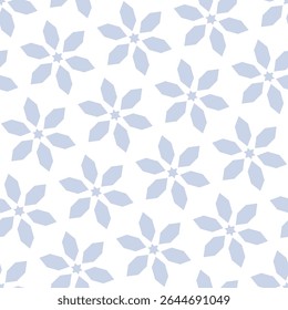 Vector floral minimal seamless pattern. Abstract geometric leaf ornament with flowers in oriental style, diamonds, stars in diagonal grid. Simple blue and white background texture. Repeating design