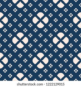 Vector floral minimalist seamless pattern. Deep blue and light pink color. Abstract geometric background with small simple flowers, petals, leaves. Minimal ornament texture. Repeat design for decor