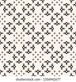 Vector floral minimalist seamless pattern. Black and white abstract geometric background with simple small flowers, petals, leaves. Minimal ornament texture. Monochrome design for decor, textile