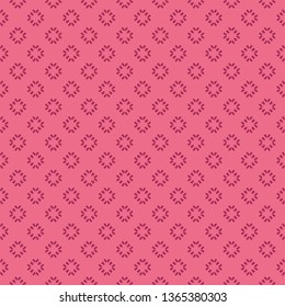 Vector floral minimalist seamless pattern. Simple abstract background with small geometric flowers, petals, crosses. Minimal ornament texture in pink and burgundy color. Cute repeat decorative design