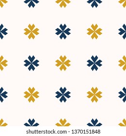 Vector floral minimalist seamless pattern. Simple minimal abstract geometric background with small flowers, crosses. Elegant ornament texture in dark blue, yellow and white colors. Repeat design 
