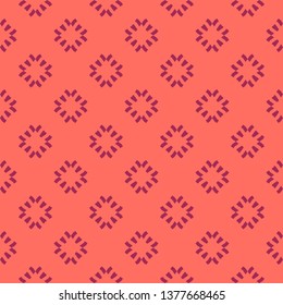 Vector floral minimalist seamless pattern. Simple abstract background with geometric flowers, petals, crosses. Minimal ornament texture in burgundy and coral color. Elegant repeat decorative design
