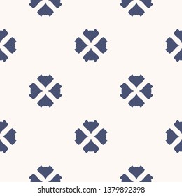 Vector floral minimalist seamless pattern. Blue and white abstract geometric background with simple small flowers, petals, leaves. Minimal ornament texture. Repeat design for decor, wallpapers, cloth