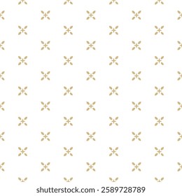 Vector floral minimalist seamless pattern. Abstract gold and white minimal geometric ornament with small flowers, stars, leaves. Simple luxury background. Subtle golden geo texture. Repeated design