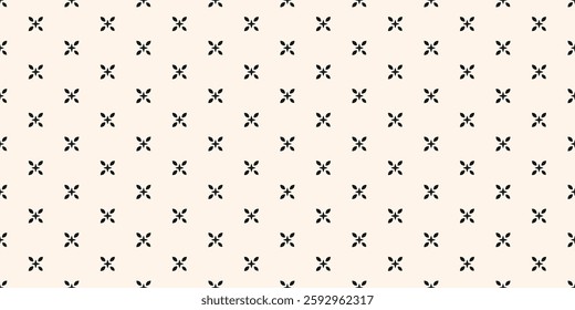 Vector floral minimalist seamless pattern. Abstract black and white minimal geometric ornament with small flowers, stars, leaves. Simple monochrome background. Stylish texture. Repeating easy design