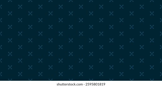 Vector floral minimalist seamless pattern. Abstract dark blue minimal geometric ornament with small flowers, stars, leaves. Simple modern background. Stylish texture. Subtle repeating easy design