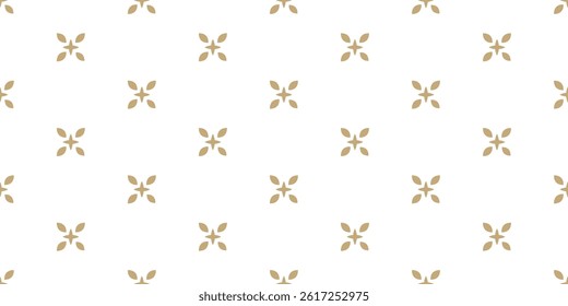 Vector floral minimalist seamless pattern. Abstract gold and white minimal geometric ornament with small flowers, stars, leaves. Simple luxury background. Subtle golden texture. Repeated easy design