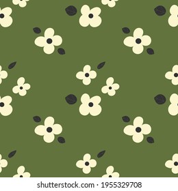 Vector floral minimalistic pattern with pastel yellow flowers on a green background. Abstract botanical pattern.