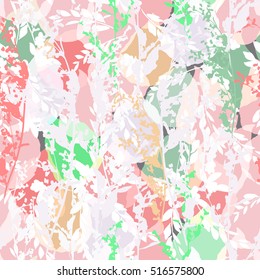 Vector floral mixed plants, leafs, leaves pastel color. Light grass pattern, colorful stamps seamless background.