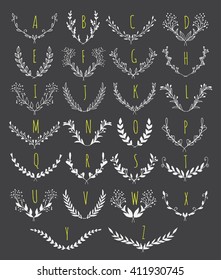 Vector floral monogram collection. Graphic collection with leaves and flowers, drawing elements. Spring or summer design for invitation, wedding or greeting cards