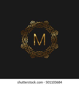 Vector floral monogram frame. Art-deco golden frame with paint texture. Line art element for design