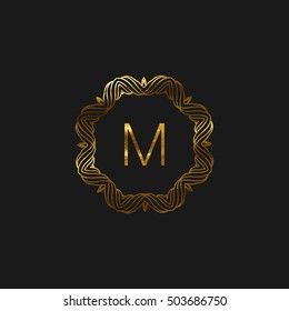 Vector floral monogram frame. Art-deco golden frame with paint texture. Line art element for design