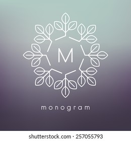 Vector floral monogram. Modern minimalist template for branding and logo design. Modern elegant frame with leaves. Blurred green and violet backdrop. Contemporary graphic eco design.